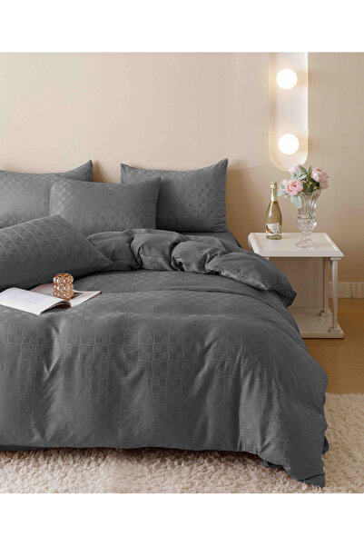 JOJO HOME Bed linen set, fine jacquard, 6 pieces, 230x250cm, Dark Grey