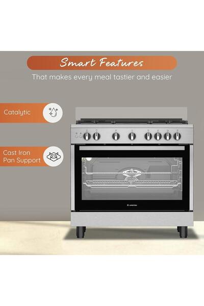 Ariston 90CM Gas Cooker, 5 Burners, Fan-Assisted Oven, Self-Cleaning, Inox