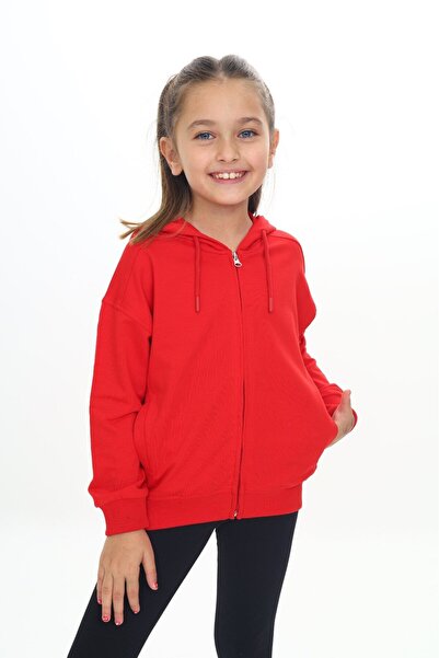 Toontoy Κόκκινη πλεκτή ζακέτα για κορίτσια με με κουκούλα τσέπες με φερμουάρ - 2 κλωστές