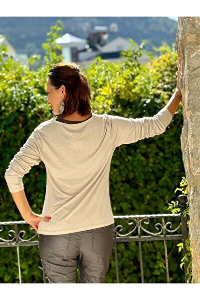 Punta Otantik Yg5172 Degaje Collar Long Sleeve Italian Knitwear Blouse Cream