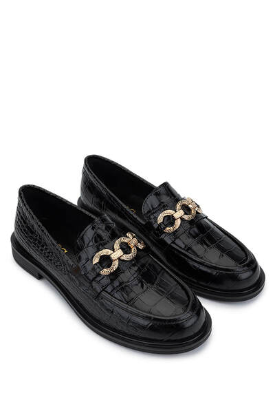 Tamer Tanca Women's Genuine Leather Black Crocodile Loafer Shoes