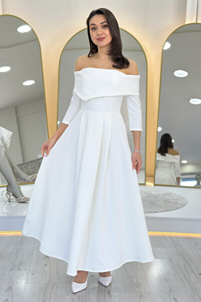 zks grup tekstil Kadın Çıkarılabilir Çiçek Detay Madonna Yaka Midi Boy Elbise Bej, Bordo, Siyah, Kırmızı, Beyaz