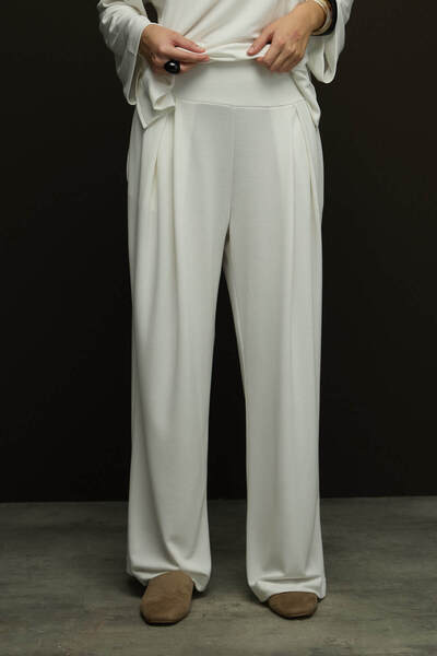 SENA GÜVEN Geniş Belli Bol Paça Pantolon Ekru