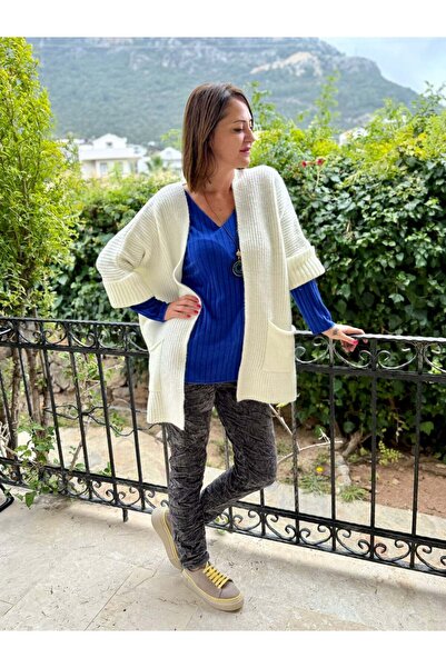 Punta Otantik Mt5740 Pocketed Unlined Knitted Cardigan Ecru