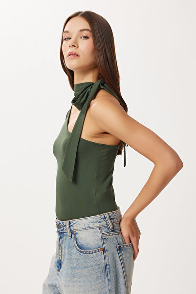 Lovelyİstanbul Asymmetrical Knitted Blouse with Scarf Lub0310 Khaki