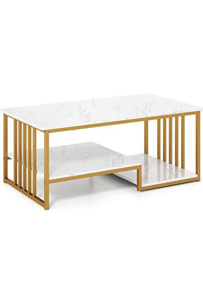 Twinkle Mart Coffee Table, Rectangular 2-Tier, 110 x 60 x 45 cm (White+Gold)