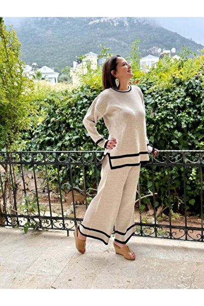 Punta Otantik Mt3091 Crew Neck Comfortable Fit Blouse Pants Knitwear Set Cream