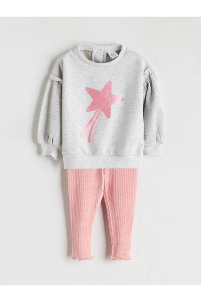 LC Waikiki Gray Star Printed Baby Girl Sweatshirt and Leggings