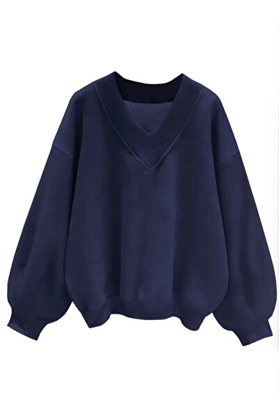 FUWEAR Kadın Lacivert Renk V Yaka Oversize Sweatshirt