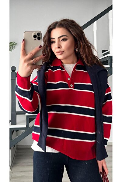 Oslove Red-navy blue striped polo neck knit sweater