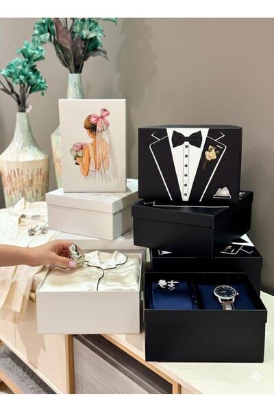 KOLİX 2-Piece Tuxedo Patterned Groom and Pink Bow Bridal Dowry Box Groom's Bundle and Bride's Box Set of 2