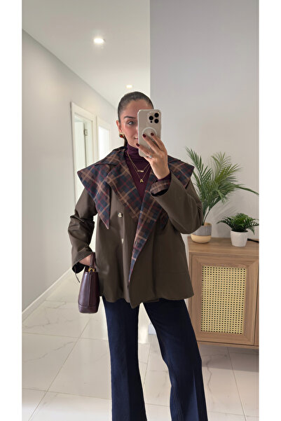 BİRCANÇİL Polin Khaki Double-Sided Plaid Trench Coat with Cape