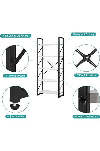 Chulovs 5-Tier Bookshelf, White & Black, Modern Wood and Metal Storage (Matte Black)