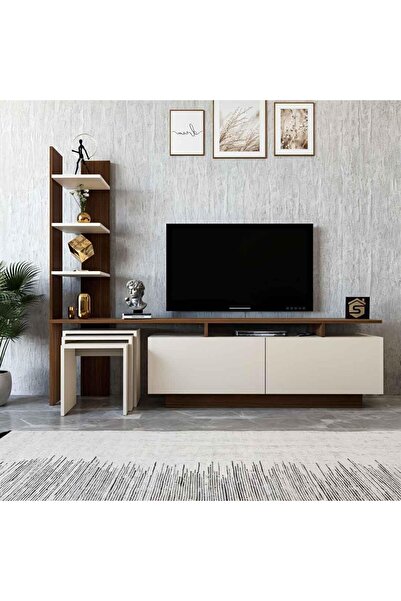 Stylish Home 200cm TV table with 3 serving tables, brown and beige - TV06