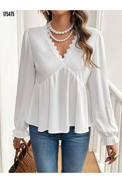 Modayakamoz بلوزة نسائية من New Season بأكمام طويلة وياقة دانتيل على شكل حرف V