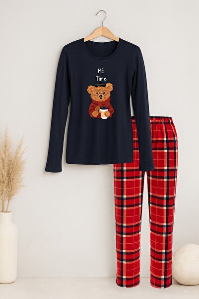 koza iç giyim Women's Soft Textured Teddy Bear Printed Plaid Pattern Pajama Set