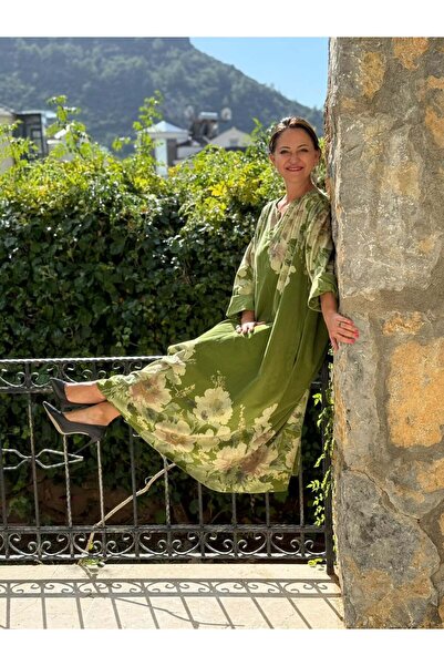 Punta Otantik Yg10392 Floral Pattern Italian Velvet Dress Green