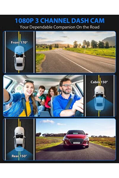 VICTGOAL Dash Cam (3 Channel): 1080P Front/Inside/Rear, 32GB Card, HDR, G-Sensor, 24Hr Parking, Loop Rec