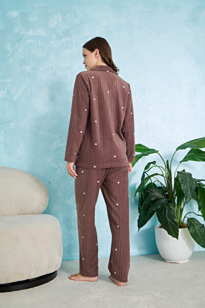 STELLAPİNK Fitilli Kalp Desenli Düğmeli Polar Pijama Takımı