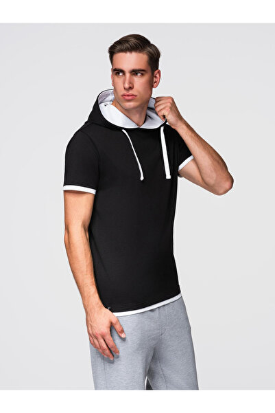 OMBRE Ανδρικό βαμβακερό μπλουζάκι με κουκούλα - Μαύρο V9 OM-TSCT-0256