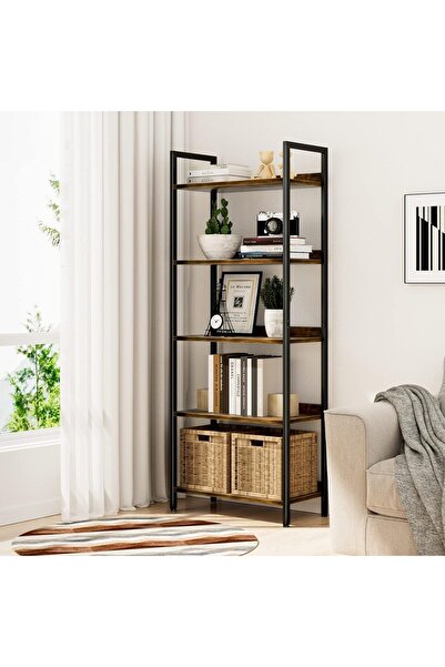 Chulovs 5-Tier Bookshelf - Free-standing Metal Frame Storage Shelf (Rustic Brown)