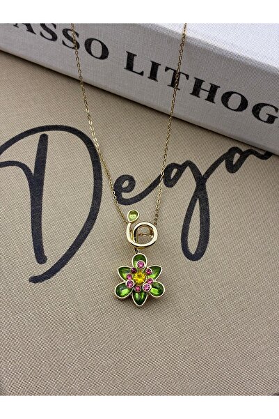 Hedef Bijuteri Steel Gold Green Zircon Stone Colorful Flower Model Necklace