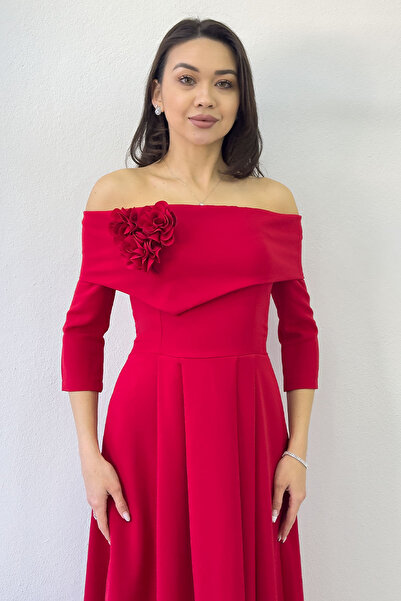 the ZKS Women's Detachable Floral Detail Madonna Collar Midi Length Dress Beige, Burgundy, Black, Red, White