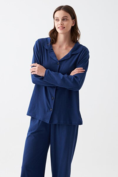Akbeniz Women's Navy Blue Buttoned Collar Detailed Cotton Pajama Set