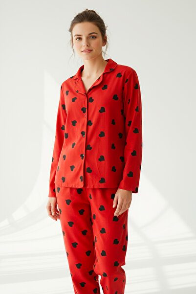 Bravie Suede Shirt Pajama Set 7107 Heart Red
