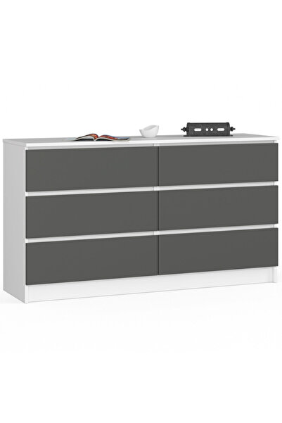 SERSIMO Comodă cu 6 sertare, PAL laminat, 138x40x77 cm, alb și gri grafit