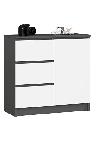SERSIMO Comodă JERRY cu 3 sertare și dulap cu rafturi, 80x35x77 cm, gri grafit și alb