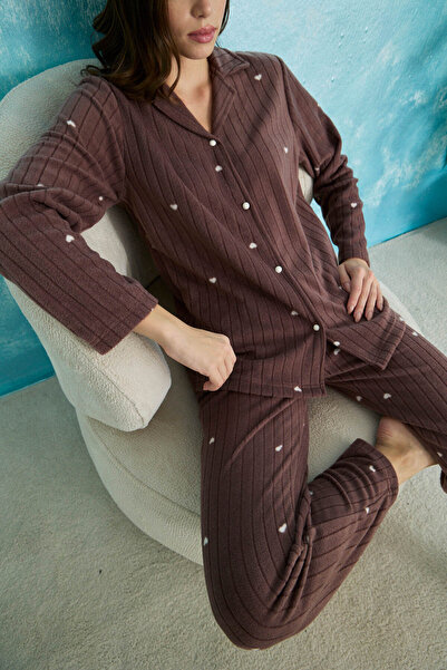 STELLAPİNK Fitilli Kalp Desenli Düğmeli Polar Pijama Takımı