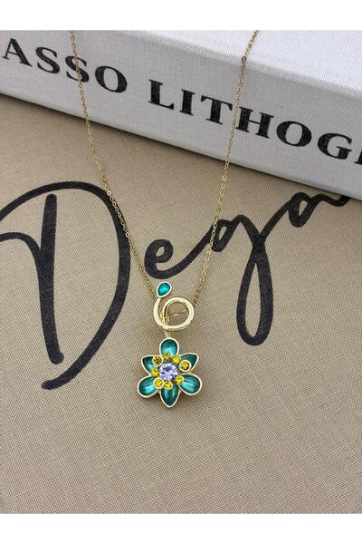 Hedef Bijuteri Steel Gold Blue Zircon Stone Colorful Flower Model Necklace