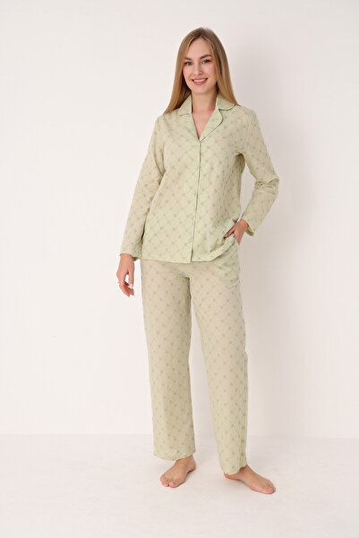 NBB Women's Patterned Long Sleeve Button Front Pajama Set 68264