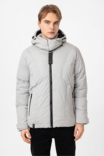 Back And Bond Açık Gri Regular Fit Kapüşonlu Puffer Mont