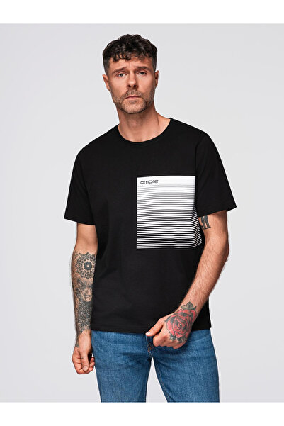 OMBRE Ανδρικό βαμβακερό μπλουζάκι με γραφική εκτύπωση - Μαύρο V2 OM-TSPT-0246