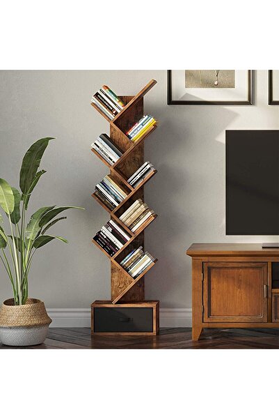 Gogoya tree Bookshelf with Drawer, 8-Shelf Rustic Wooden Storage - Brown