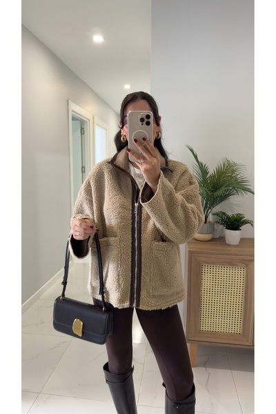 BİRCANÇİL Wost Beige Piped Plush Coat