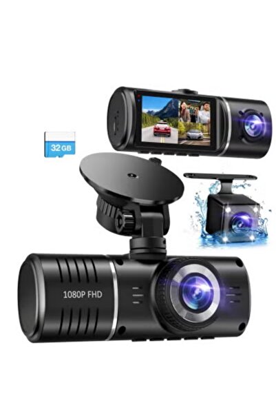 VICTGOAL Dash Cam (3 Channel): 1080P Front/Inside/Rear, 32GB Card, HDR, G-Sensor, 24Hr Parking, Loop Rec