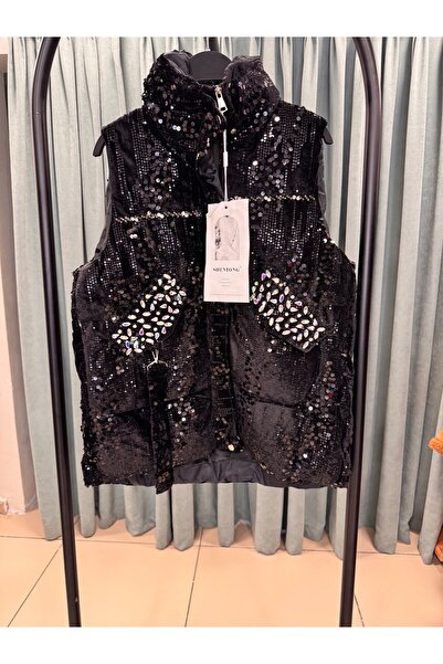 Arzu Yıldırım Butik Payetli İthal Tasarım Taşlı Şişme Yelek siyah