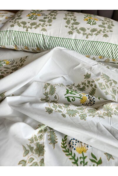 SARAS LABEL Heritage Block Print 100% Cotton Percale Bedsheet with 2 Pillowcases