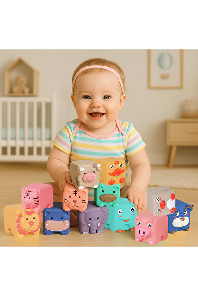 RCO Set 12 cuburi senzoriale moi pentru bebelusi – jucarie educativa din sili...