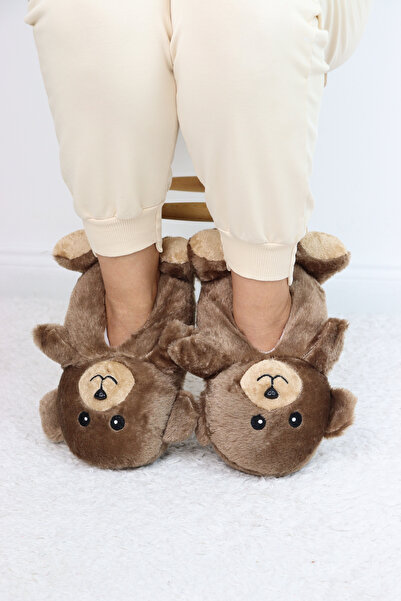 Aiw Ayıcık Figürlü Sevimli Peluş Panduf – Kahverengi| Rahat, Sessiz ve Kaymaz Taban