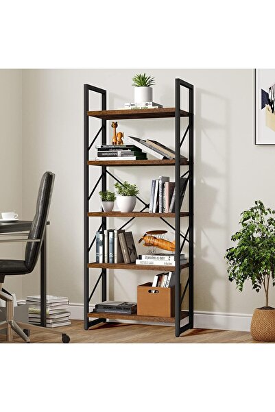 Chulovs 5-Tier Modern Classic Bookshelf, Wood & Metal Storage Shelf (Brown, Matte)