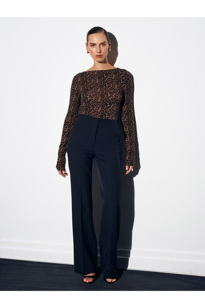 Dilvin 32206 Μοτίβο λεοπάρδαλης με λαιμόκοψη και στρογγυλή κορυφή-Καφέ