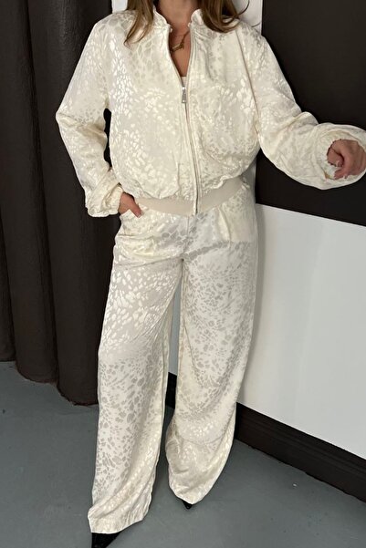 Ded COLLECTION Women's Leopard Print Satin Relaxed Fit Zip up Jacket and Wide Leg Pants Set