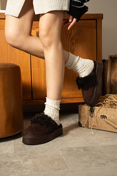 irmona AYA KAHVERENGİ KALIN TABAN İÇİ TÜYLÜ KIŞLIK MİNİ TERLİK BOT EV TERLİĞİ