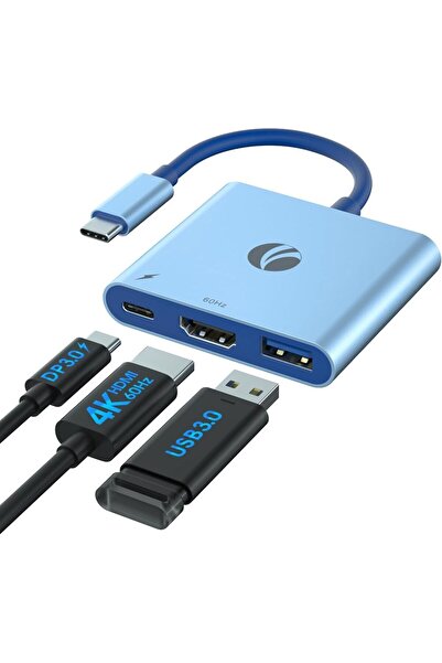VCOM USB Type C HDMI HUB 3-in-1 (4K@60Hz HDMI, USB 3.0, PD 100W) - Blue