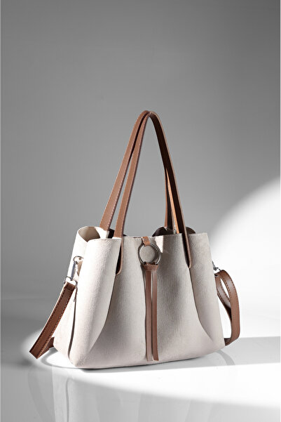 Rimense Women's Beige Suede Tan Faux Leather Hand and Shoulder Bag with Makeup Bag