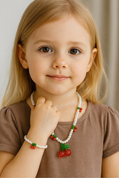 TAKIŞTIR Red and White Color Cherry Figured Children's Necklace and Bracelet Set